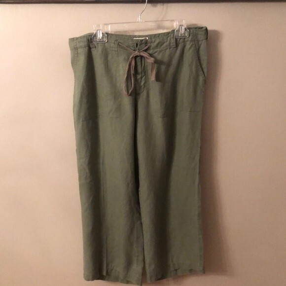 ST JOHN'S BAY SIZE 14 OLIVE ARMY GREEN LINEN WIDE LEG CROPPED DRAWSTRING PANTS - Picture 2 of 7